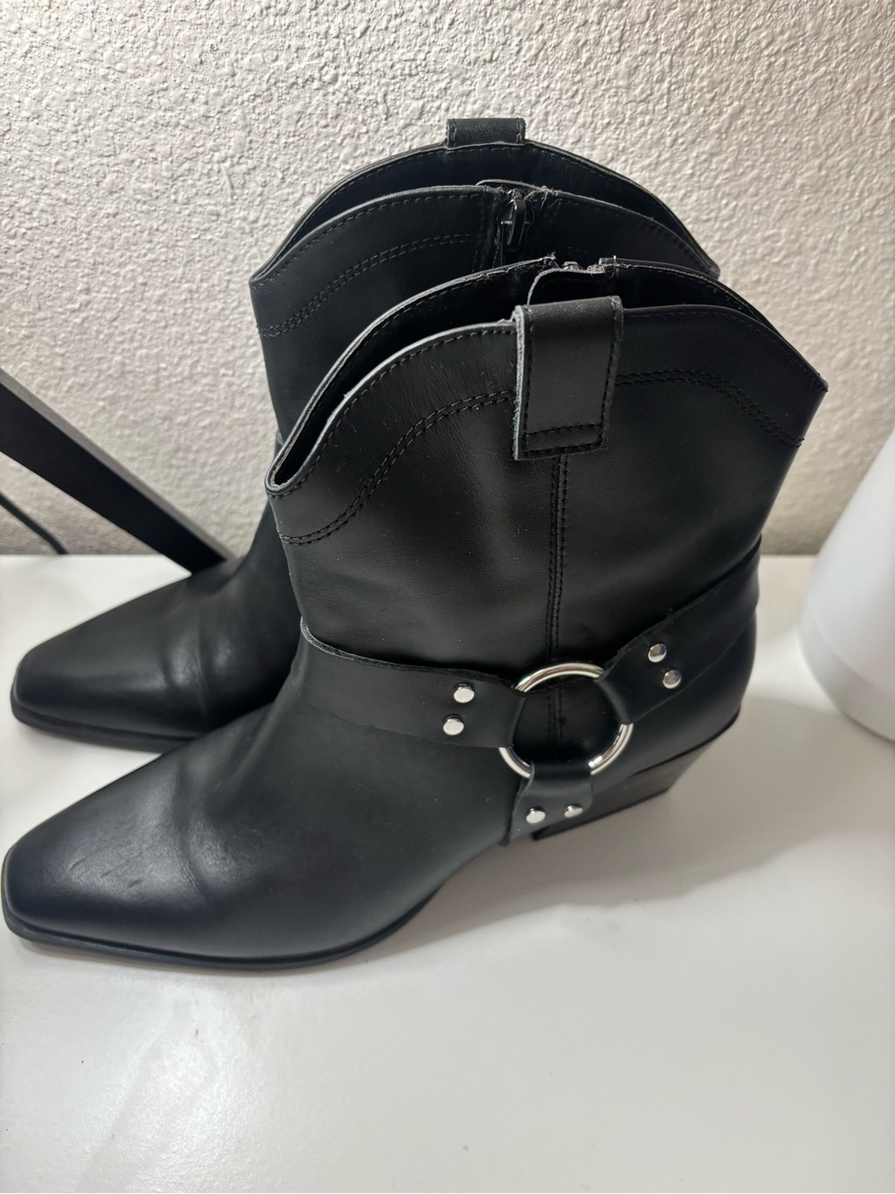 Open Edit Black Western-Inspired Ankle Booties with Silver Ring Detail